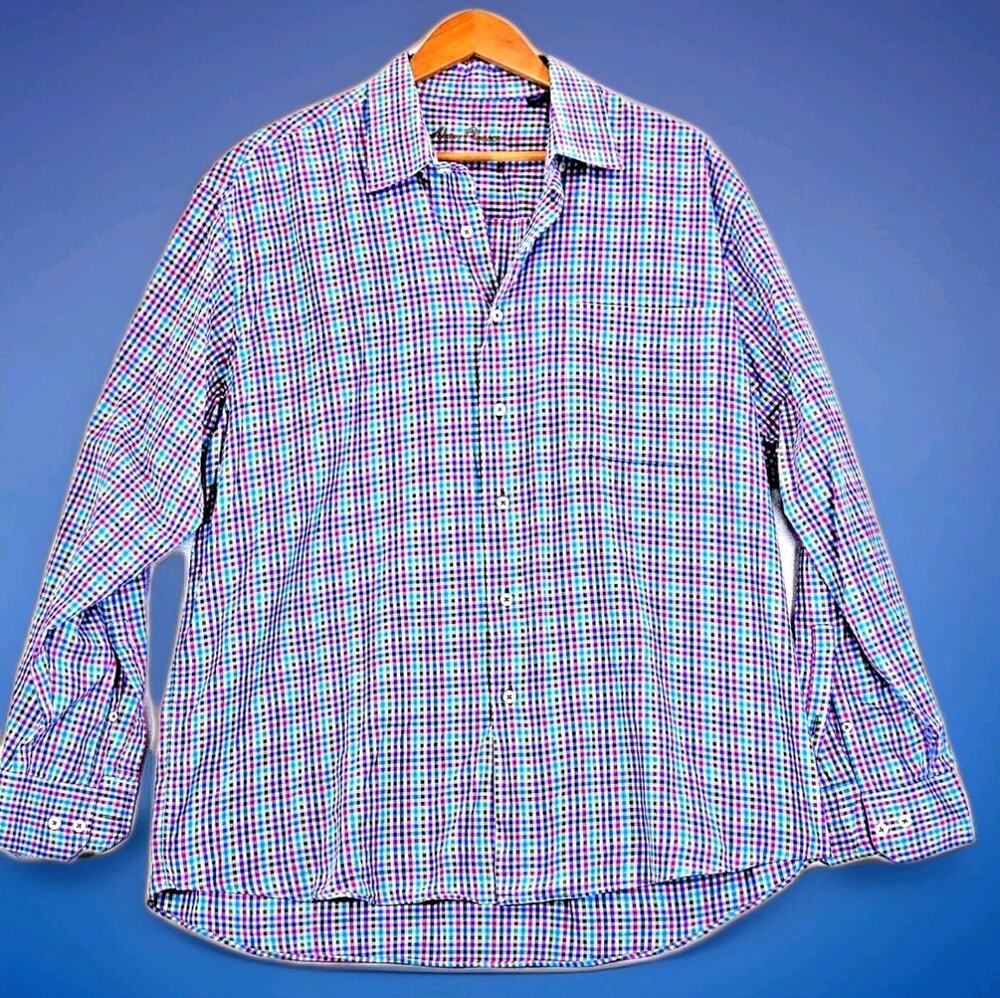 Alan Flusser Men's XL Checkered Shirt Long Sleeve Button Up Blue Yellow Pink